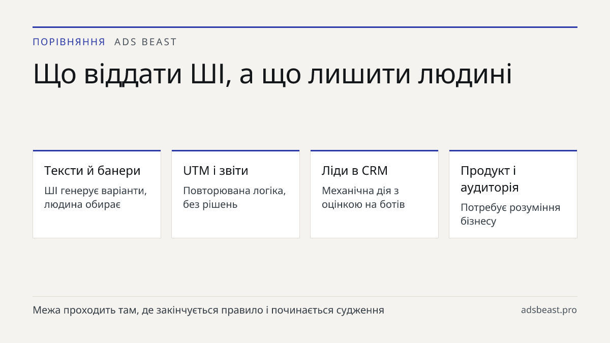 Що віддати ШІ, а що лишити людині. Тексти й банери: ШІ генерує варіанти, людина обирає; UTM і звіти: Повторювана логіка, без рішень; Ліди в CRM: Механічна дія з оцінкою на ботів; Продукт і аудиторія: Потребує розуміння бізнесу; Бюджет і запуск: Людина підтверджує кожну зміну