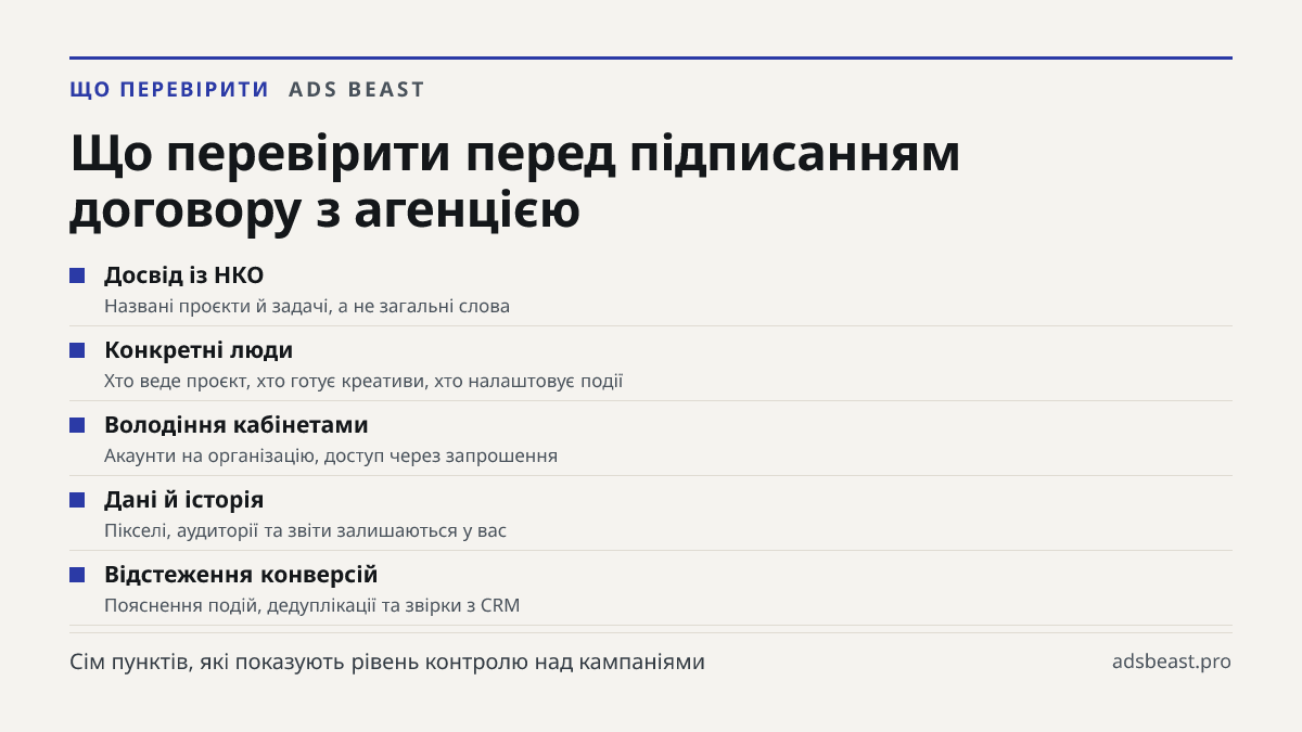 Що перевірити перед підписанням договору з агенцією. Досвід із НКО: Названі проєкти й задачі, а не загальні слова; Конкретні люди: Хто веде проєкт, хто готує креативи, хто налаштовує події; Володіння кабінетами: Акаунти на організацію, доступ через запрошення; Дані й історія: Пікселі, аудиторії та з