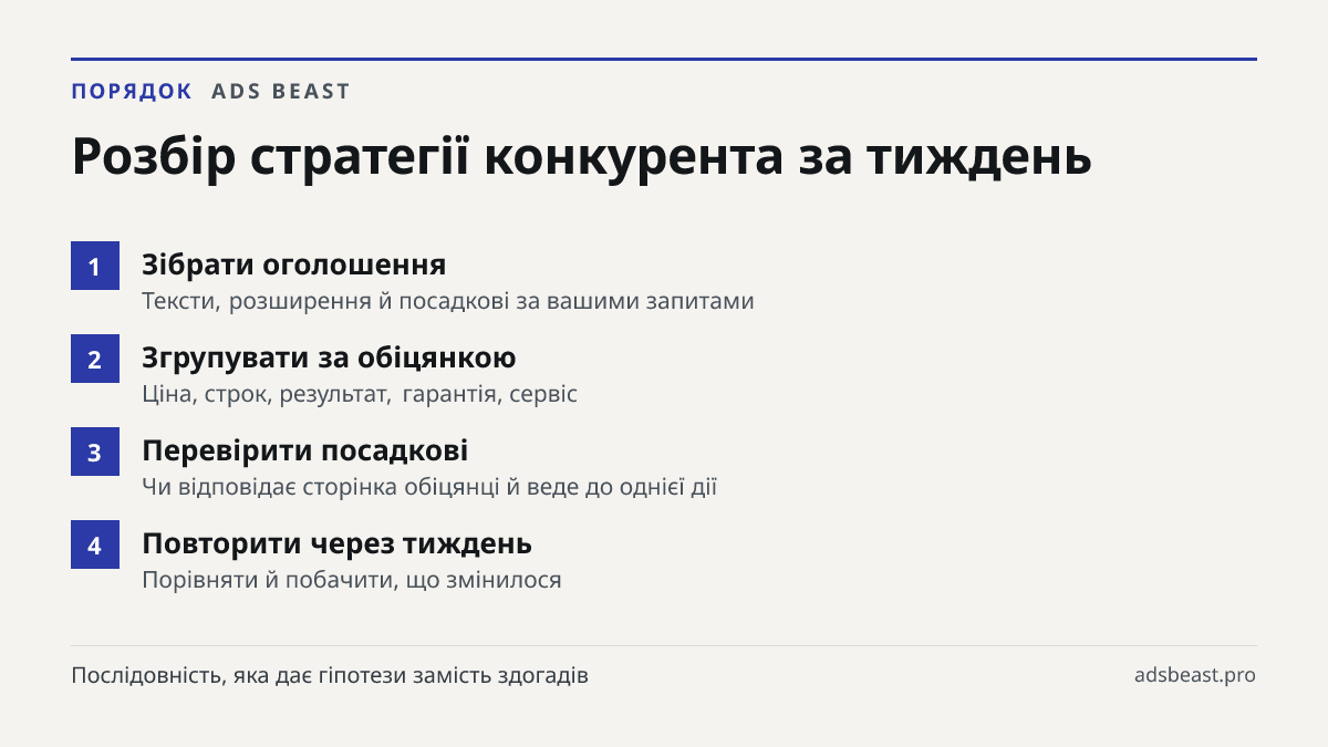 Розбір стратегії конкурента за тиждень. Зібрати оголошення: Тексти, розширення й посадкові за вашими запитами; Згрупувати за обіцянкою: Ціна, строк, результат, гарантія, сервіс; Перевірити посадкові: Чи відповідає сторінка обіцянці й веде до однієї дії; Повторити через тиждень: Порівняти й побачити,