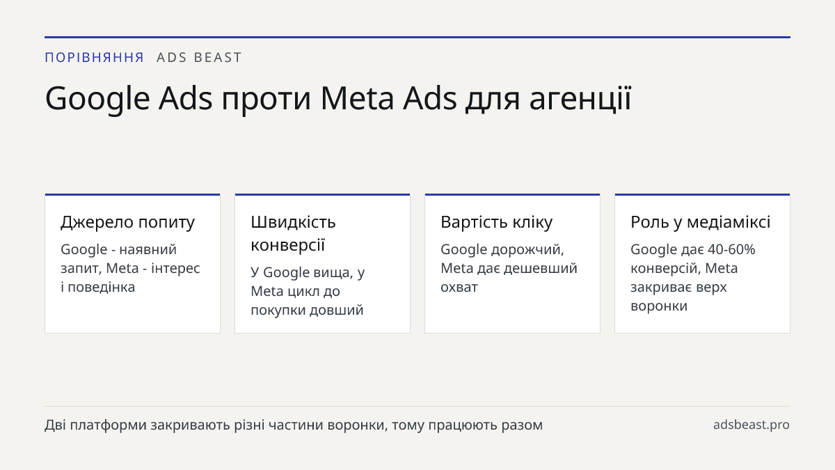 Google Ads проти Meta Ads для агенції. Джерело попиту: Google - наявний запит, Meta - інтерес і поведінка; Швидкість конверсії: У Google вища, у Meta цикл до покупки довший; Вартість кліку: Google дорожчий, Meta дає дешевший охват; Роль у медіаміксі: Google дає 40-60% конверсій, Meta закриває верх в