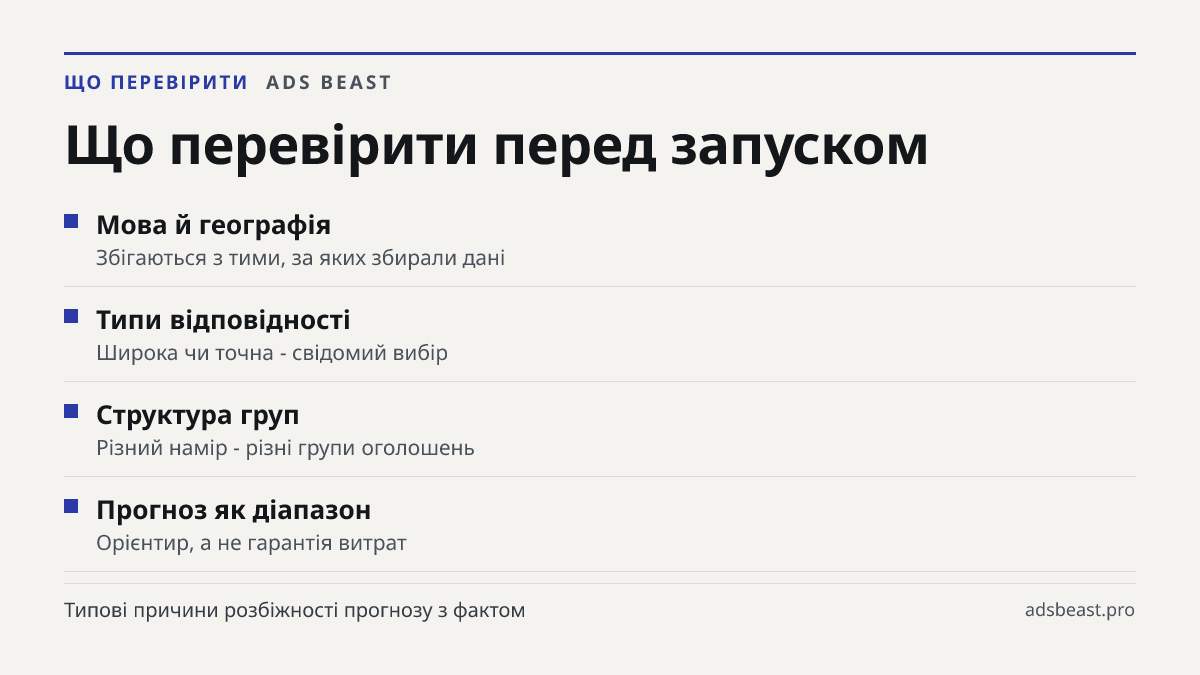 Що перевірити перед запуском. Мова й географія: Збігаються з тими, за яких збирали дані; Типи відповідності: Широка чи точна - свідомий вибір; Структура груп: Різний намір - різні групи оголошень; Прогноз як діапазон: Орієнтир, а не гарантія витрат