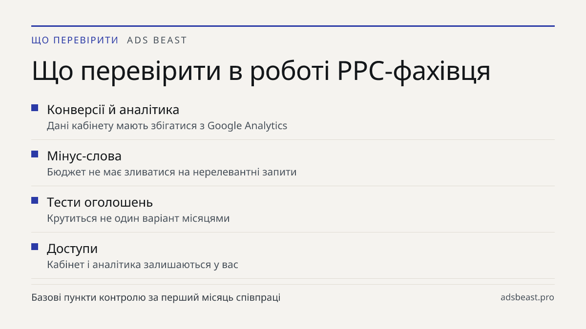 Що перевірити в роботі PPC-фахівця. Конверсії й аналітика: Дані кабінету мають збігатися з Google Analytics; Мінус-слова: Бюджет не має зливатися на нерелевантні запити; Тести оголошень: Крутиться не один варіант місяцями; Доступи: Кабінет і аналітика залишаються у вас