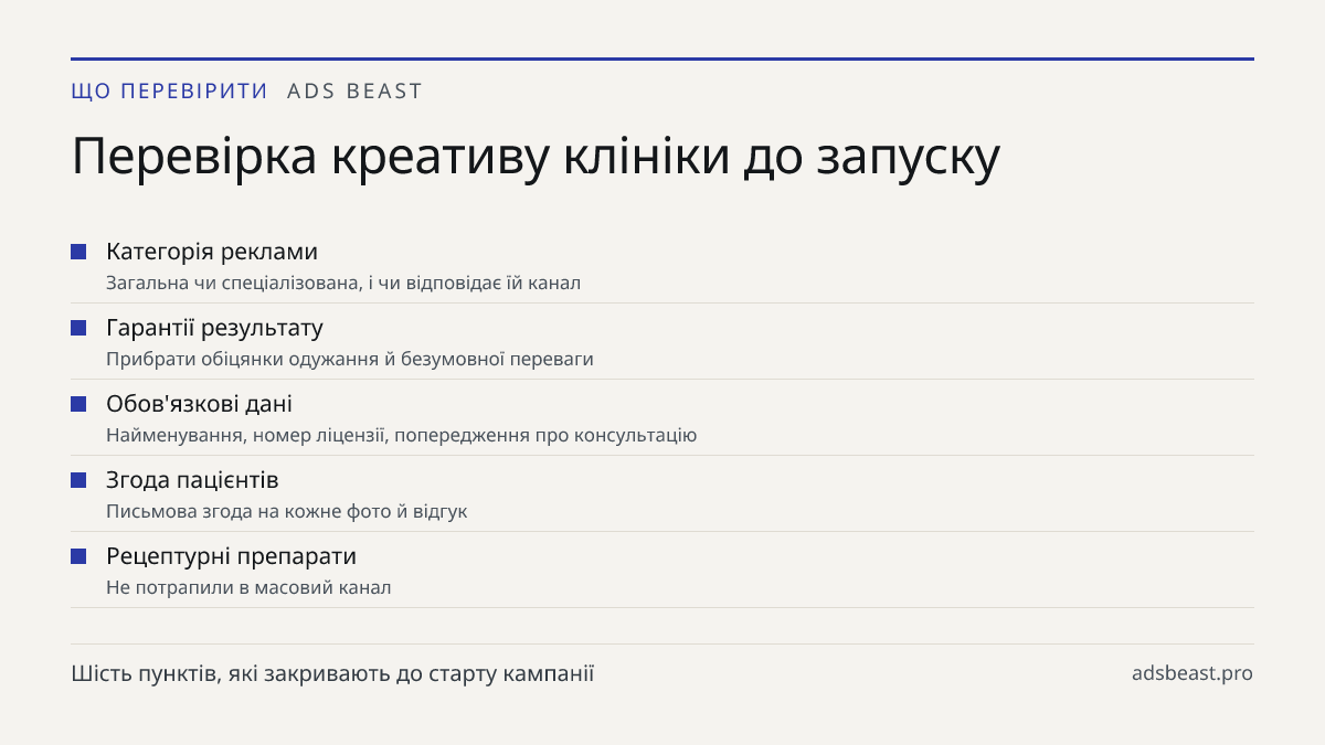 Перевірка креативу клініки до запуску. Категорія реклами: Загальна чи спеціалізована, і чи відповідає їй канал; Гарантії результату: Прибрати обіцянки одужання й безумовної переваги; Обов'язкові дані: Найменування, номер ліцензії, попередження про консультацію; Згода пацієнтів: Письмова згода на кож