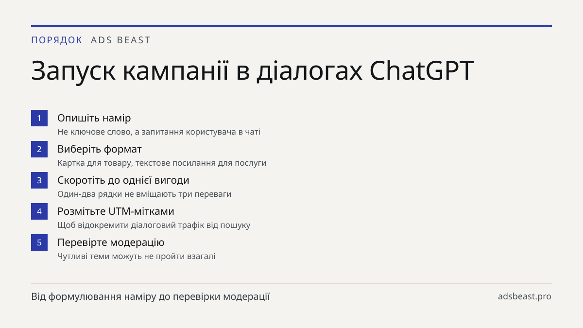 Запуск кампанії в діалогах ChatGPT. Опишіть намір: Не ключове слово, а запитання користувача в чаті; Виберіть формат: Картка для товару, текстове посилання для послуги; Скоротіть до однієї вигоди: Один-два рядки не вміщають три переваги; Розмітьте UTM-мітками: Щоб відокремити діалоговий трафік від п