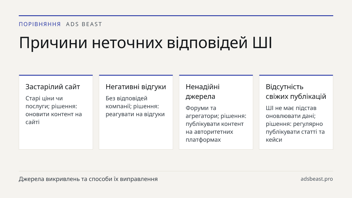 Причини неточних відповідей ШІ. Застарілий сайт: Старі ціни чи послуги; рішення: оновити контент на сайті; Негативні відгуки: Без відповідей компанії; рішення: реагувати на відгуки; Ненадійні джерела: Форуми та агрегатори; рішення: публікувати контент на авторитетних платформах; Відсутність свіжих п