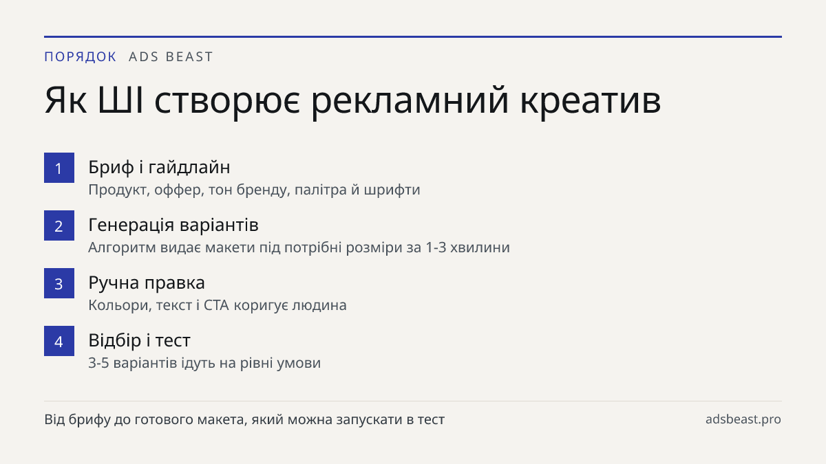 Як ШІ створює рекламний креатив. Бриф і гайдлайн: Продукт, оффер, тон бренду, палітра й шрифти; Генерація варіантів: Алгоритм видає макети під потрібні розміри за 1-3 хвилини; Ручна правка: Кольори, текст і CTA коригує людина; Відбір і тест: 3-5 варіантів ідуть на рівні умови