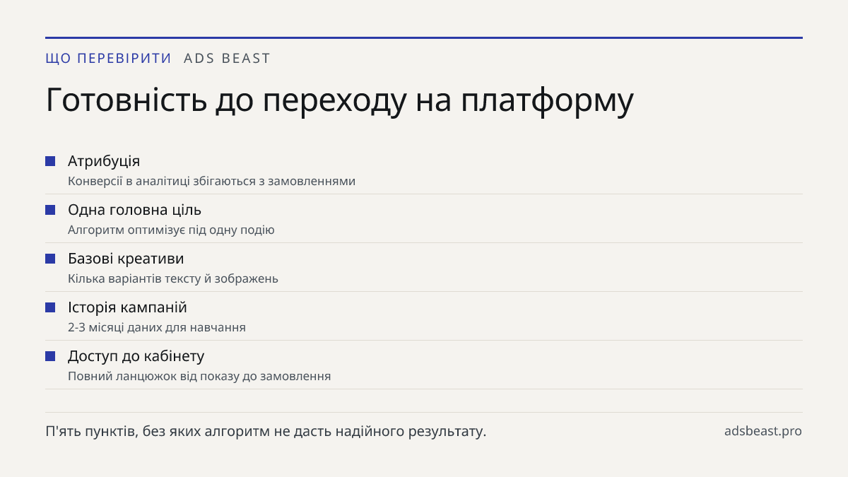 Готовність до переходу на платформу. Атрибуція: Конверсії в аналітиці збігаються з замовленнями; Одна головна ціль: Алгоритм оптимізує під одну подію; Базові креативи: Кілька варіантів тексту й зображень; Історія кампаній: 2-3 місяці даних для навчання; Доступ до кабінету: Повний ланцюжок від показу
