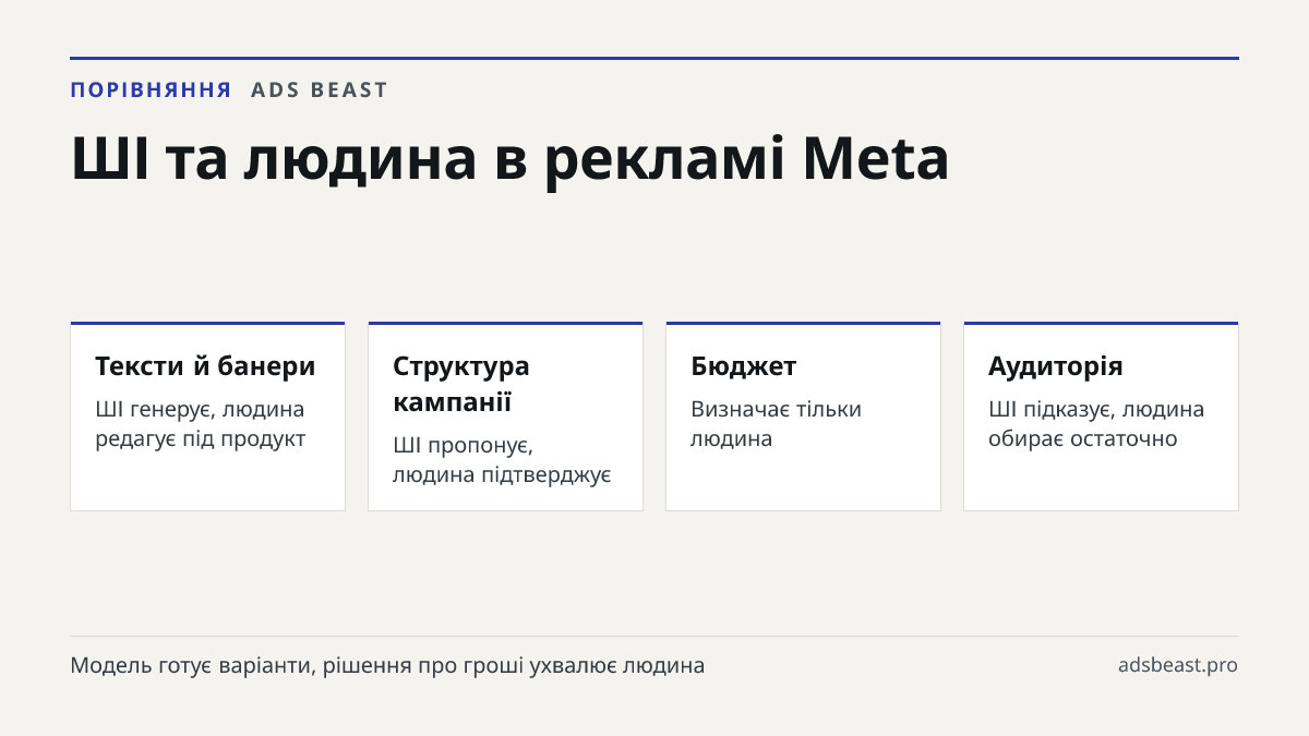 ШІ та людина в рекламі Meta. Тексти й банери: ШІ генерує, людина редагує під продукт; Структура кампанії: ШІ пропонує, людина підтверджує; Бюджет: Визначає тільки людина; Аудиторія: ШІ підказує, людина обирає остаточно; Покази після запуску: Meta розподіляє автоматично