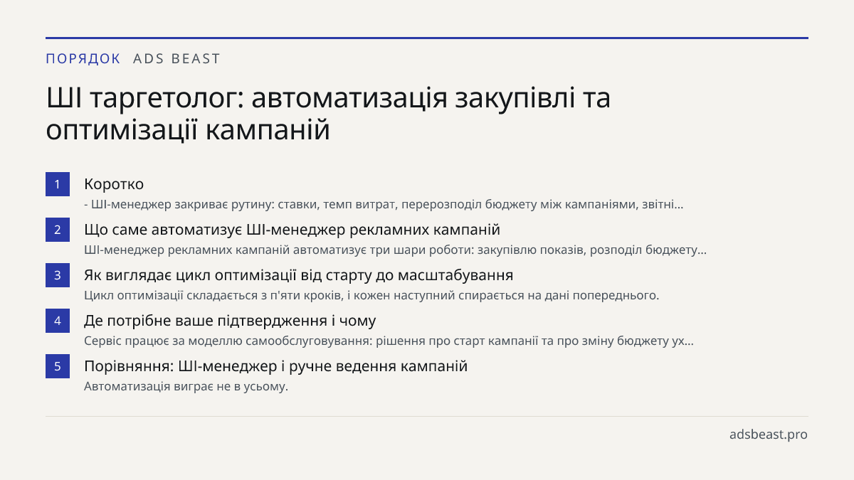 ШІ таргетолог: автоматизація закупівлі та оптимізації кампаній. Коротко: - ШІ-менеджер закриває рутину: ставки, темп витрат, перерозподіл бюджету між кампаніями, звітні…; Що саме автоматизує ШІ-менеджер рекламних кампаній: ШІ-менеджер рекламних кампаній автоматизує три шари роботи: закупівлю показів