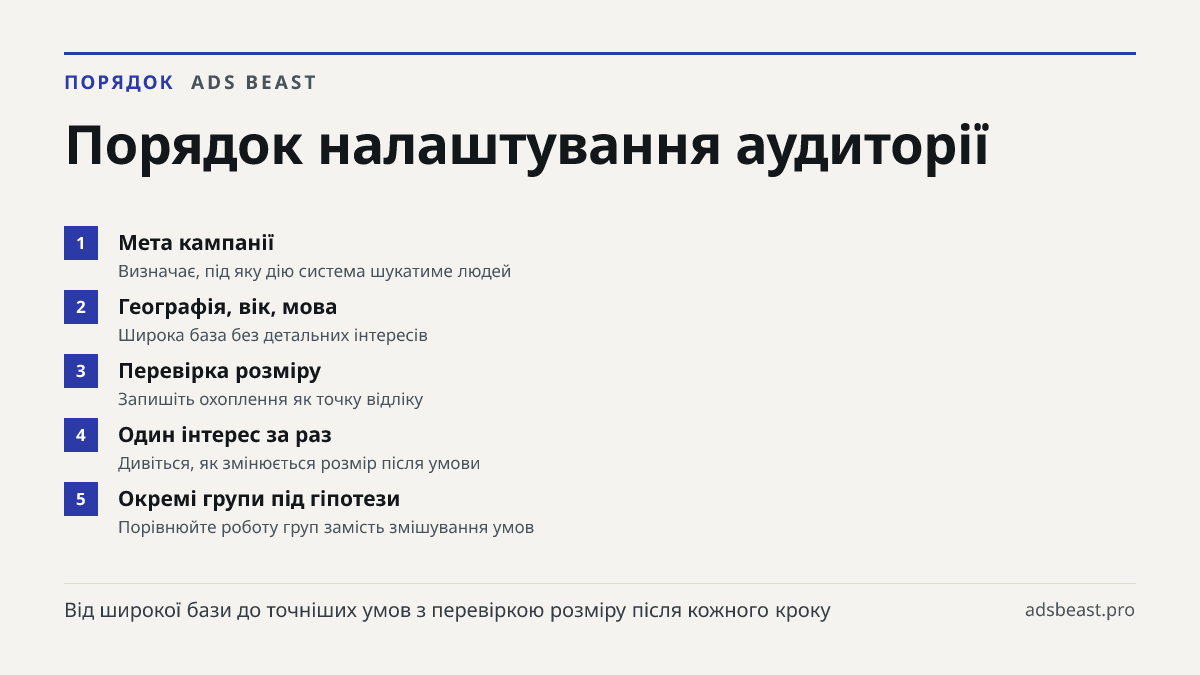 Порядок налаштування аудиторії. Мета кампанії: Визначає, під яку дію система шукатиме людей; Географія, вік, мова: Широка база без детальних інтересів; Перевірка розміру: Запишіть охоплення як точку відліку; Один інтерес за раз: Дивіться, як змінюється розмір після умови; Окремі групи під гіпотези: 