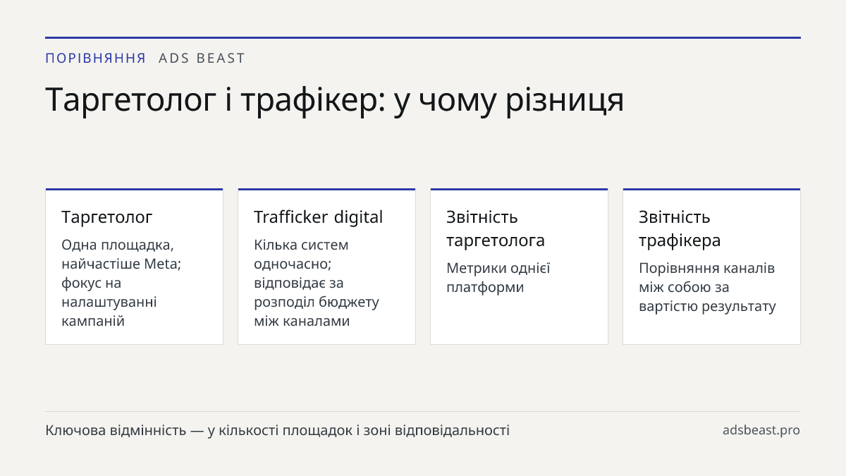 Таргетолог і трафікер: у чому різниця. Таргетолог: Одна площадка, найчастіше Meta; фокус на налаштуванні кампаній; Trafficker digital: Кілька систем одночасно; відповідає за розподіл бюджету між каналами; Звітність таргетолога: Метрики однієї платформи; Звітність трафікера: Порівняння каналів між со