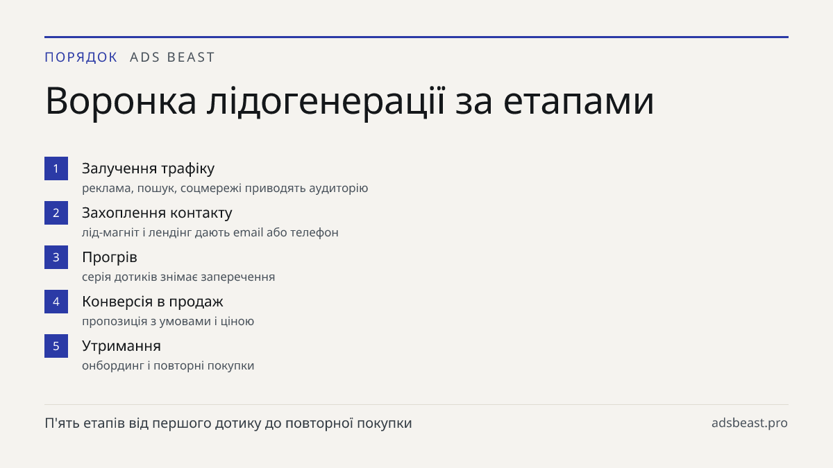 Воронка лідогенерації за етапами. Залучення трафіку: реклама, пошук, соцмережі приводять аудиторію; Захоплення контакту: лід-магніт і лендінг дають email або телефон; Прогрів: серія дотиків знімає заперечення; Конверсія в продаж: пропозиція з умовами і ціною; Утримання: онбординг і повторні покупки