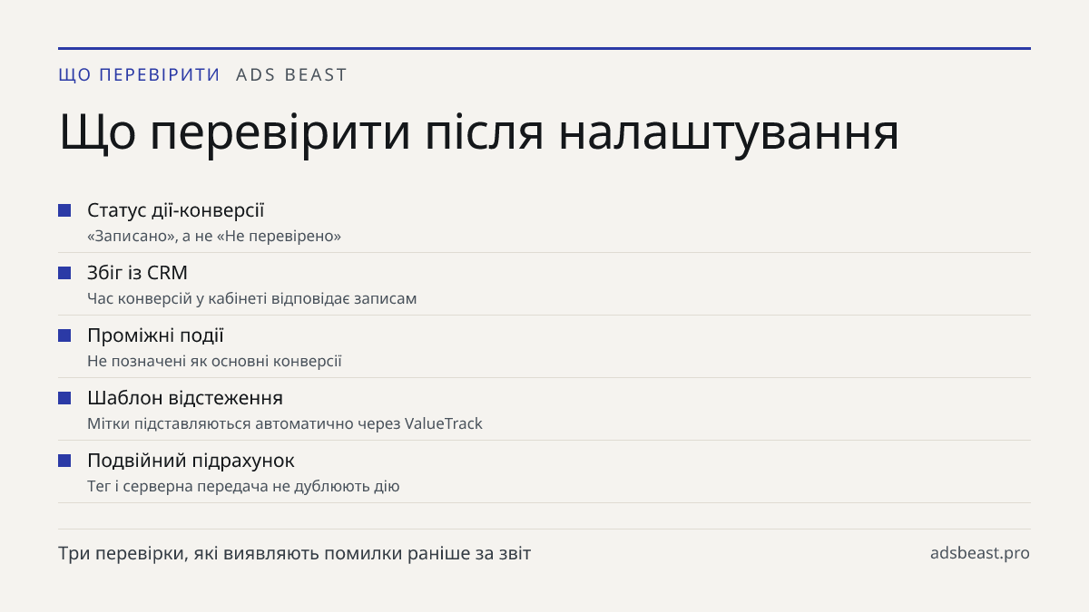 Що перевірити після налаштування. Статус дії-конверсії: «Записано», а не «Не перевірено»; Збіг із CRM: Час конверсій у кабінеті відповідає записам; Проміжні події: Не позначені як основні конверсії; Шаблон відстеження: Мітки підставляються автоматично через ValueTrack; Подвійний підрахунок: Тег і се