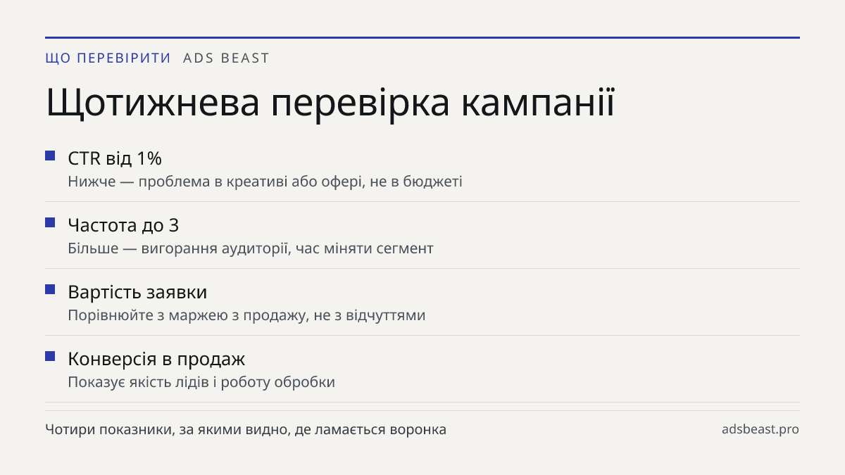 Щотижнева перевірка кампанії. CTR від 1%: Нижче — проблема в креативі або офері, не в бюджеті; Частота до 3: Більше — вигорання аудиторії, час міняти сегмент; Вартість заявки: Порівнюйте з маржею з продажу, не з відчуттями; Конверсія в продаж: Показує якість лідів і роботу обробки