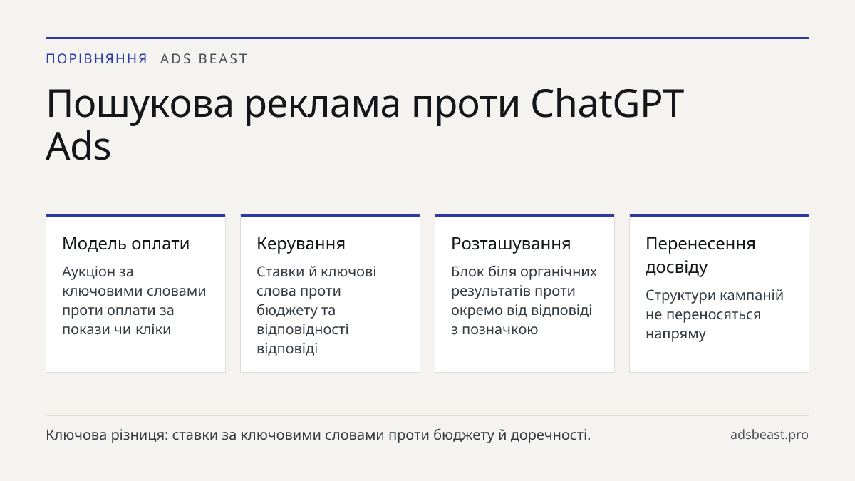 Пошукова реклама проти ChatGPT Ads. Модель оплати: Аукціон за ключовими словами проти оплати за покази чи кліки; Керування: Ставки й ключові слова проти бюджету та відповідності відповіді; Розташування: Блок біля органічних результатів проти окремо від відповіді з позначкою; Перенесення досвіду: Стр