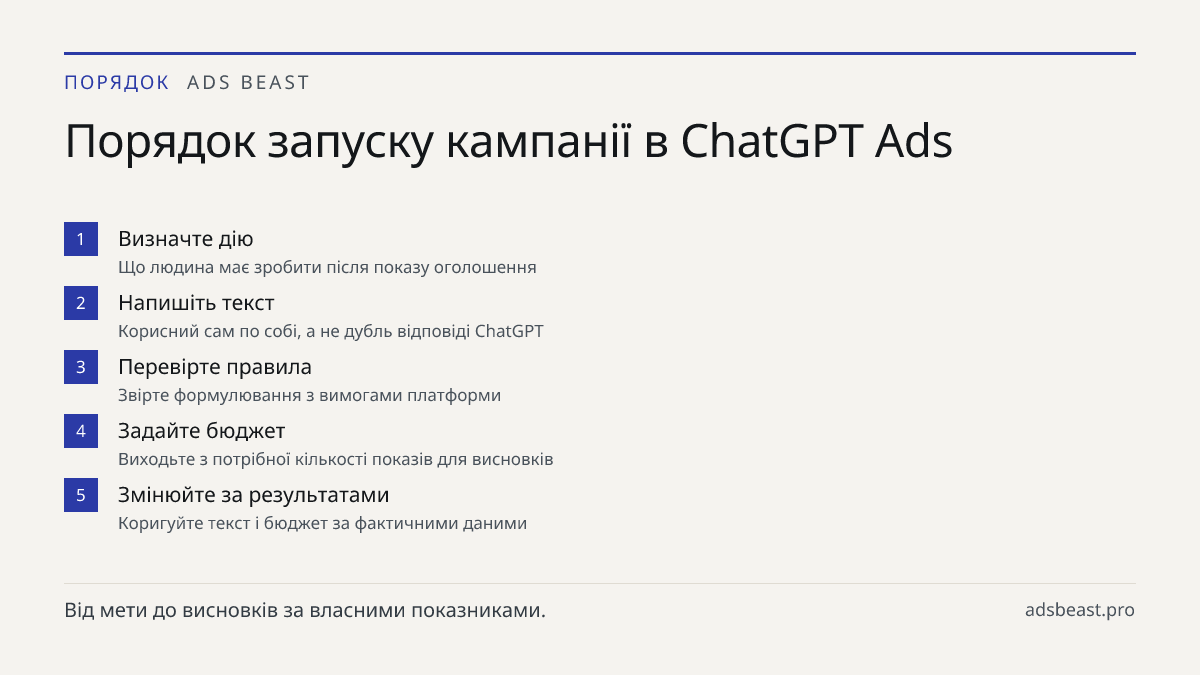 Порядок запуску кампанії в ChatGPT Ads. Визначте дію: Що людина має зробити після показу оголошення; Напишіть текст: Корисний сам по собі, а не дубль відповіді ChatGPT; Перевірте правила: Звірте формулювання з вимогами платформи; Задайте бюджет: Виходьте з потрібної кількості показів для висновків; 
