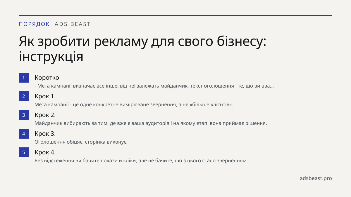 Як зробити рекламу для свого бізнесу: інструкція. Коротко: - Мета кампанії визначає все інше: від неї залежать майданчик, текст оголошення і те, що ви вва…; Крок 1.: Мета кампанії - це одне конкретне вимірюване звернення, а не «більше клієнтів».; Крок 2.: Майданчик вибирають за тим, де вже є ваша ау