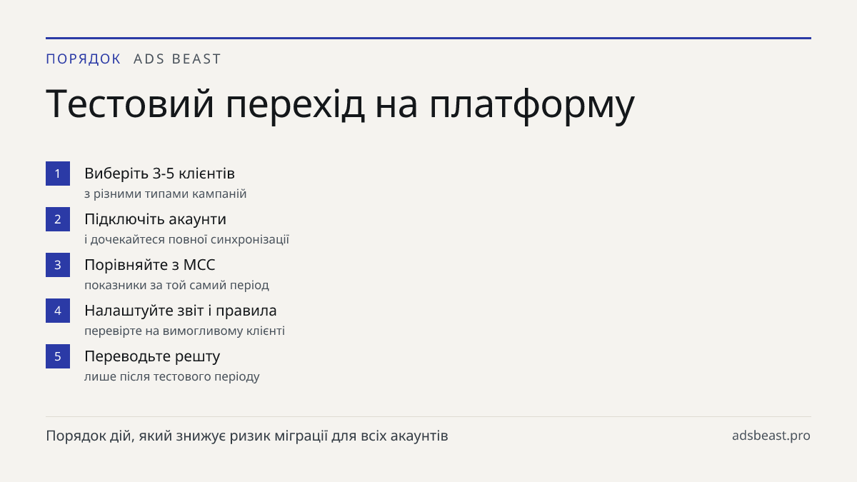 Тестовий перехід на платформу. Виберіть 3-5 клієнтів: з різними типами кампаній; Підключіть акаунти: і дочекайтеся повної синхронізації; Порівняйте з MCC: показники за той самий період; Налаштуйте звіт і правила: перевірте на вимогливому клієнті; Переводьте решту: лише після тестового періоду